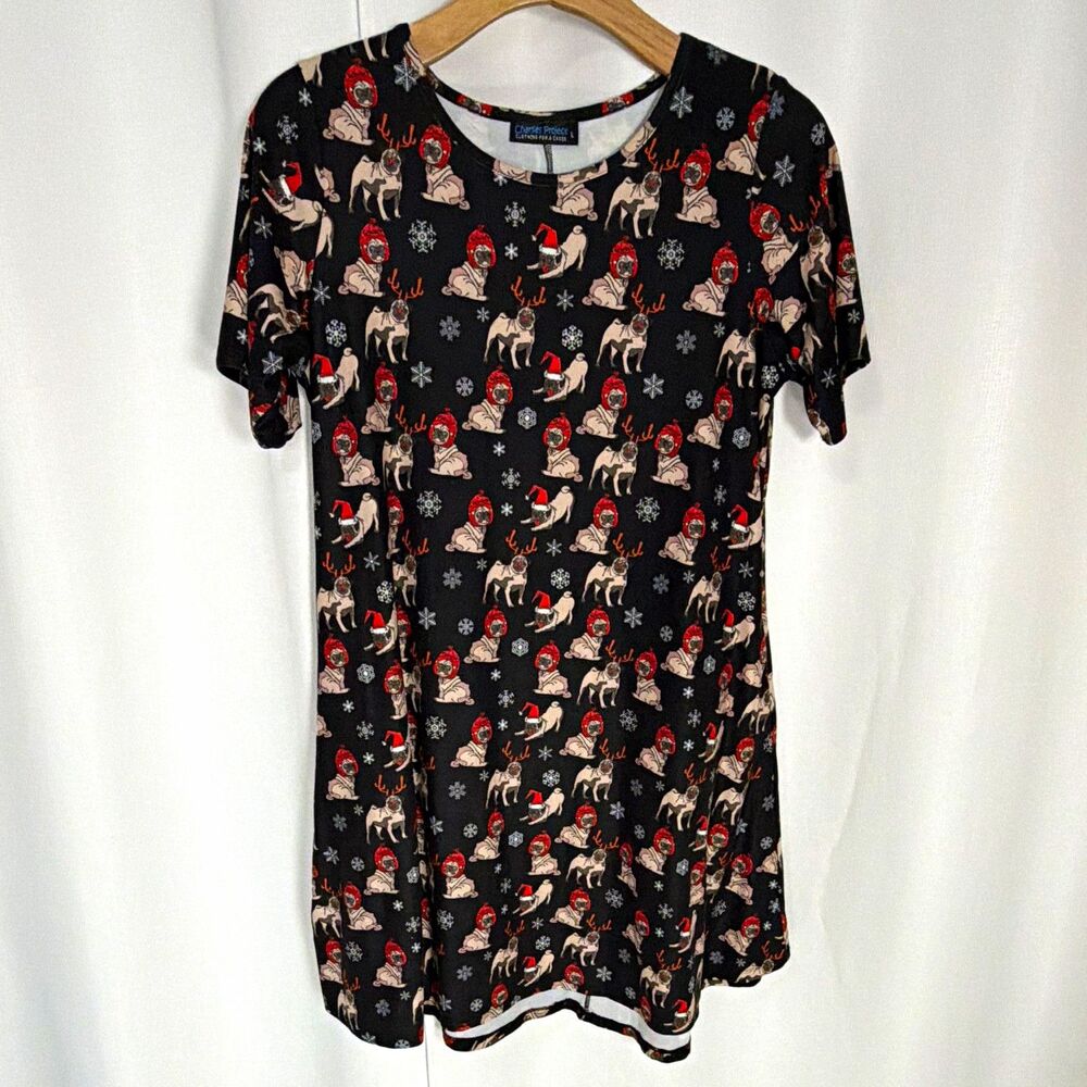 Charlies Project T-Shirt Dress Christmas Pug Print Black Women’s L Cap Sleeve